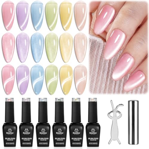 Image of Beetles Cat Eye Gel Nail Polish Set - Sugar Meadow 6 Colors Cat Eye Pastel Gel Polish Kit Glitter Pink Purple Green Blue Orange Peach Yellow Magnetic Soak Off UV Manicure Gift for Women