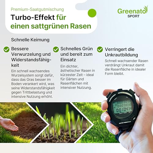 Sport und Spielrasen Greenato Sport Rasensamen 25 kg – Turbo Rasensamen schnellkeimend ideal für Rasenerde Grassamen für Neuansaat und Nachsaat extra robust Unkrautvernichter Rasen - für 1000 m²