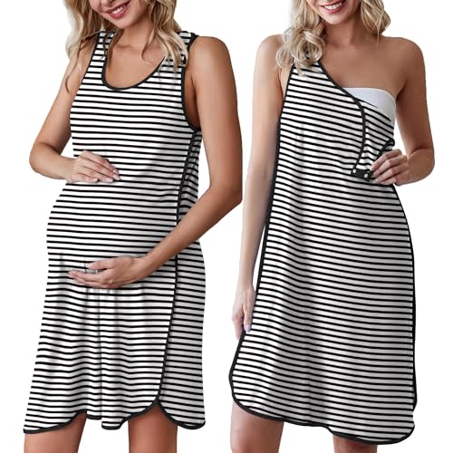 Image of Ekouaer Labor and Delivery Gown for Hospital 3 in 1 Nursing Dress Sleeveless Maternity Snap Button Breastfeeding Nightgown