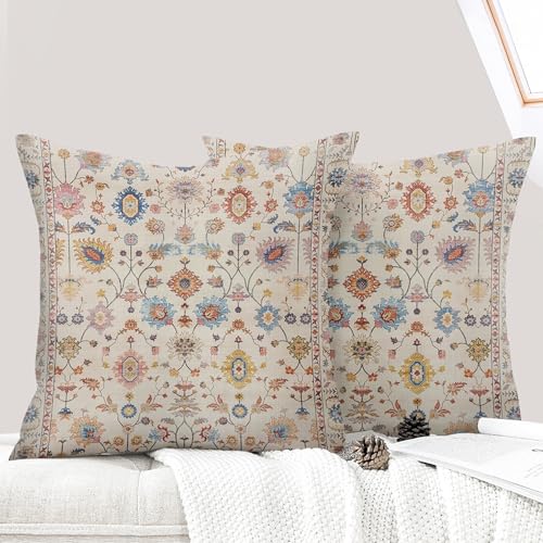 ECZOIL – Juego de 2 fundas de cojín de 60 x 60 cm, diseño boho étnico, vintage, fundas de cojín decorativas, 24 x 24 pulgadas, para casa, sala de estar, dormitorio, floral, color crema