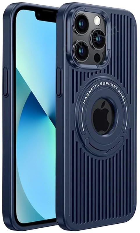 Image of Hybird Slim Armor Back Case Cover for iPhone 15 Pro MagSafe Heat Dissipation Kickstand | Magnetic Shell with Logo- View (Midnight Blue)