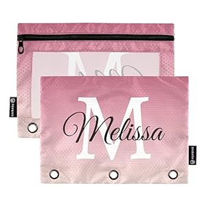 Pink Gradient Personalized Binder Pencil Pouch for 3 Ring Custom Pencil Pouch with Zipper Clear Window Pencil Case Pencil Pouches Bags for Office Daily Supplies, 2 Pack