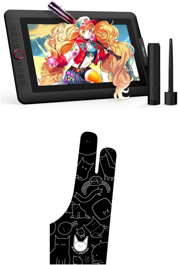 XPPen Drawing Tablet with Screen Full-Laminated Graphics Drawing Monitor Artist13.3 Pro Graphics Tablet Digital Drawing Glove Two-Finger Artist Glove for Drawing Tablet Cute Cat Print Drawing Glove