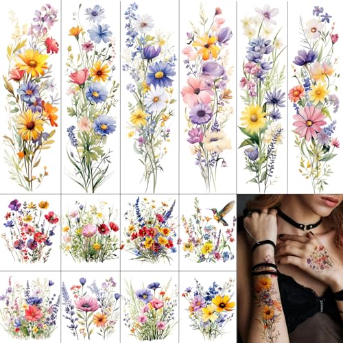 14Pcs Flower Temporary Tattoos,6 Large Watercolor Temporary Flowe...