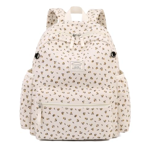 Corduroy Kids Backpack for Boys Girls 2-5 Toddler Backpacks for Primary Elementary Kindergarten (Flower Beige, Small (13.7" H Fit A4 Folder))2