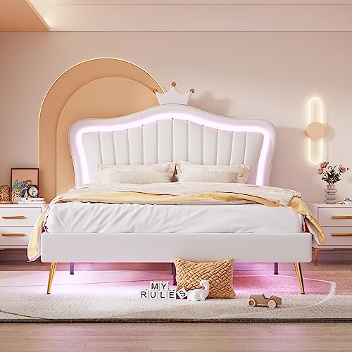 Cama Juvenil Tapizada 140x200 cmCon Cabecero De Concha, Corona Decorativa, Respaldo Regulable Y Somier De Lamas, Estructura Elevada, para Habitacion Juvenil Completa