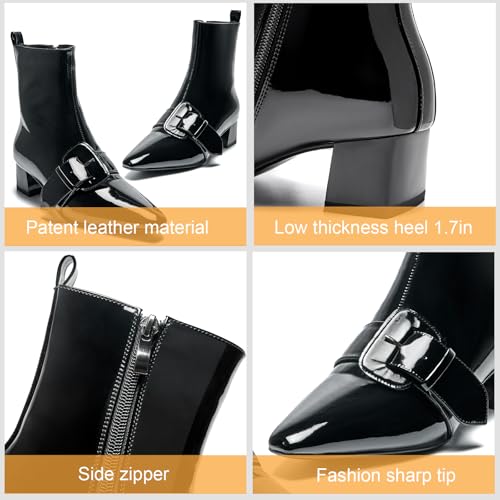 Women's Ankle Boots Chunky Heel Pointed Toe Patent Short Booties Buckle Side Zipper Low Block Heel Fashion Dress Shoes3