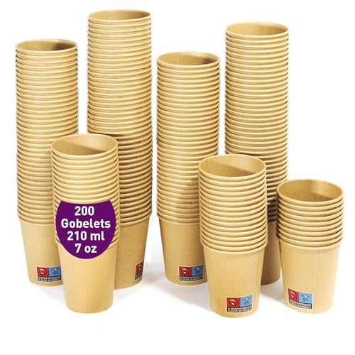 200 Gobelets Jetables en Carton Kraft de 210 ml / 7 oz. Résistants, Étanches. Idéaux pour le Café, le Thé et les Boissons Rafraîchissantes. Gobelets Kraft