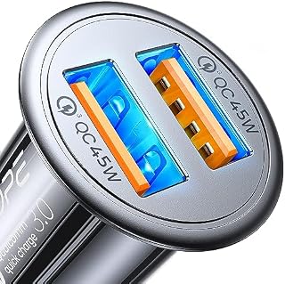 AINOPE Ładowarka samochodowa USB, dwa gniazda z technologią szybkiego ładowania QC 3.0, 36 W, 6 A, w całości z metalu, kompatybilna z urządzeniami iPhone 12/11/XS/XR, Note 9/Galaxy S10/S9/S8, iPad