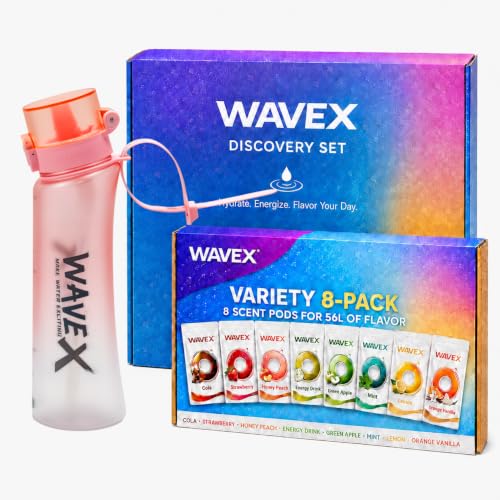 Image of Wavex Scented Water Bottle + 8 Aroma Scent Pods (Cola, Strawberry, Honey Peach, Energy Drink, Green Apple, Mint, Lemon, Orange Vanilla), Flip Top Lid, Straw & Carry Strap Included (Soft Rose Pink)