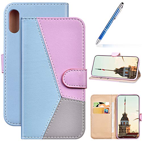 Robinsoni Case Compatible with Huawei Y6 2019(US Version) Phone Case Wallet PU Leather Case Kickstand Notebook Cover Folio Flip Stand Book Style Case TPU Silicone Shockproof Case Blue Purple Grey