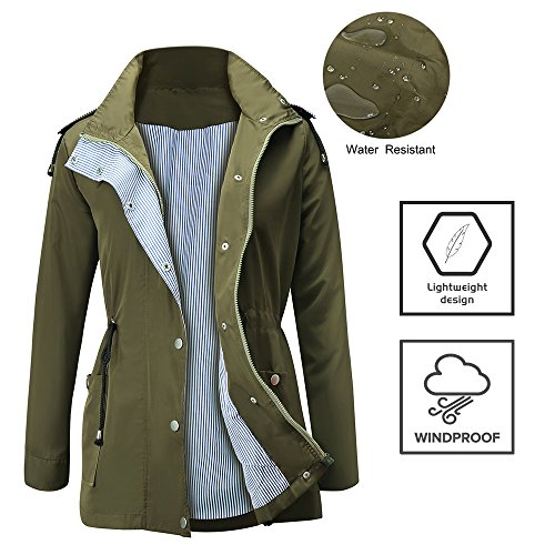 FISOUL Raincoats Waterproof Lightweight Rain Jacket Active Outdoor Hooded Women's Trench Coats Army Green