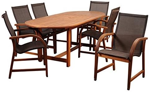 International Home Miami BT360-6MANHA-BR Amazonia Bahamas 7 Piece Eucalyptus Extendable Rectangular Dining Set with Brown Sling Chair