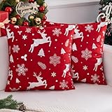 Ardjxue 2er Set Weihnachten Kissenbezug 50x50 cm Weihnachts Kissenbezüge Rot Elch Schnee Kissenhülle Sofakissen Dekokissen Samt Weihnachtsdeko für Wohnzimmer Couch Winter