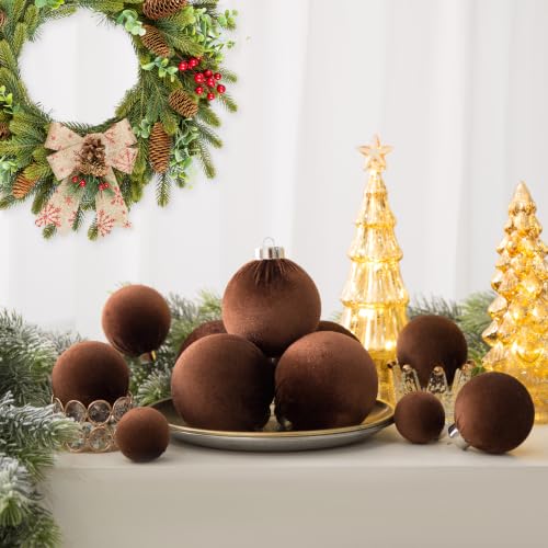 Velvet Christmas Ball Ornaments - 30pcs Flocked Christmas Ornaments Set Shatterproof Classic Hanging Xmas Tree Decorations with Rope for Wreath Holiday Home Decor (Brown) - image 4