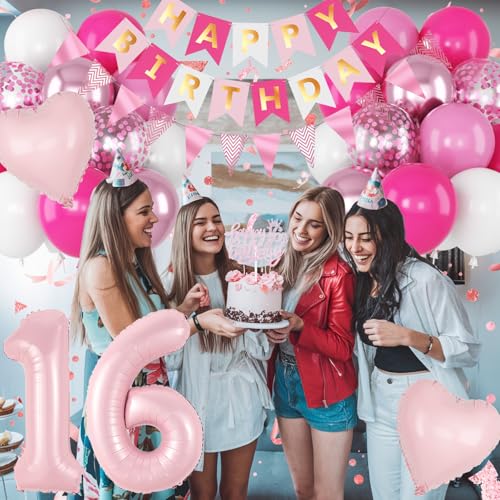 Image of Pink 16th Birthday Decorations for Girls, Sweet 16 Balloon Hot Light Pink White Confetti Balloons Number 1 6 Balloon Heart Happy Birthday Banner Cake Topper for Princess 16 Year Old Bday Party Decor