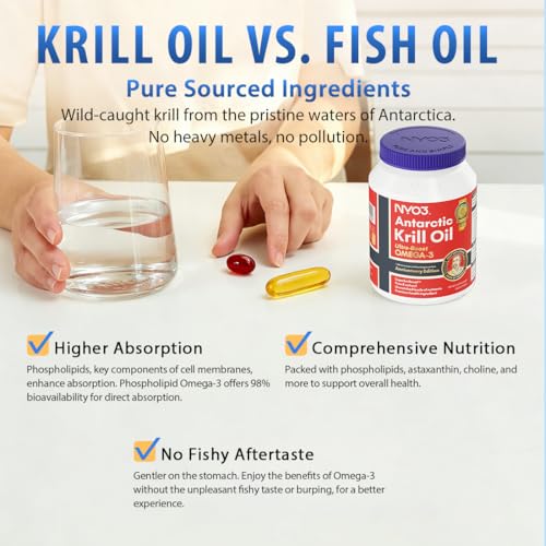 NYO3 Krill Oil 1000mg Omega 3 Supplement, 56% Phospholipids for 98% Absorption, Antarctic Superba Boost Krill Oil, High EPA & DHA for Heart Brain Blood Lipid Health, No Fishy Burps, 90 Softgels