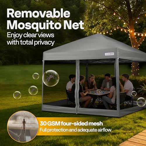 VIVOHOME 10x10ft Easy Pop-Up Canopy, Outdoor Screen Tent with Mosquito Netting, 2 Zipper Doors, and Roller Bag for Yard Camping Picnic Party Events, Grey image 2
