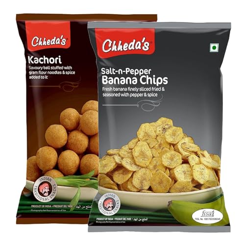 Image of Chheda's - Salt N Pepper Banana Chips (350 Gm) and Dry Kachori (300 Gm) | Banana Wafers | Indian Namkeen | Tasty Snacks | Ready to Eat - Combo Pack