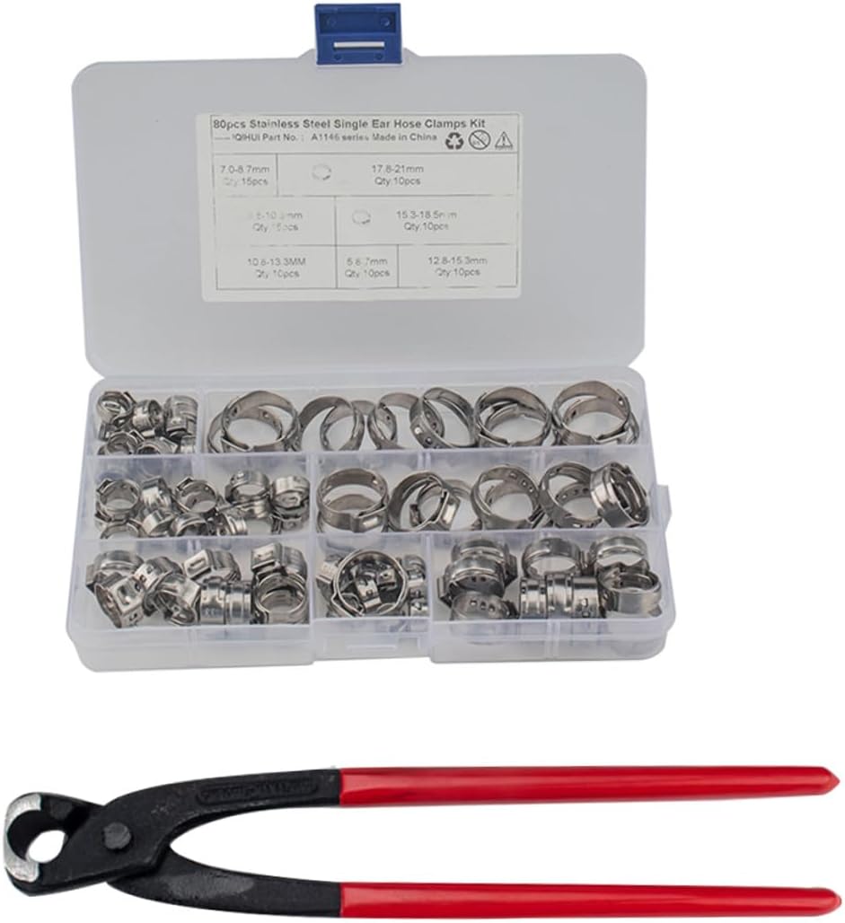 80pcs Stainless Steel Single Ear Hose Clamps Kit with 7 Sizes and Pincer for Fuel and Water Pipe Securing, Industrial Hose Clamp Set for Plumbing and Automotive Use