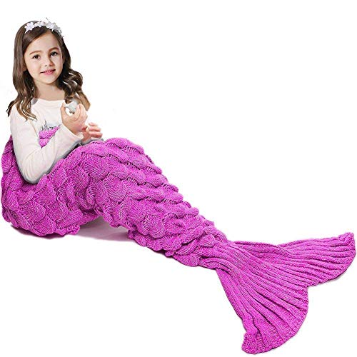 AOSUCO Handmade Knitted Mermaid Tail Blanket Warm Sofa Quilt Living room blanket for Adults and Kids 140 * 70cm (55.1 inch x27.5 inch) (Kids-Scale Pink)