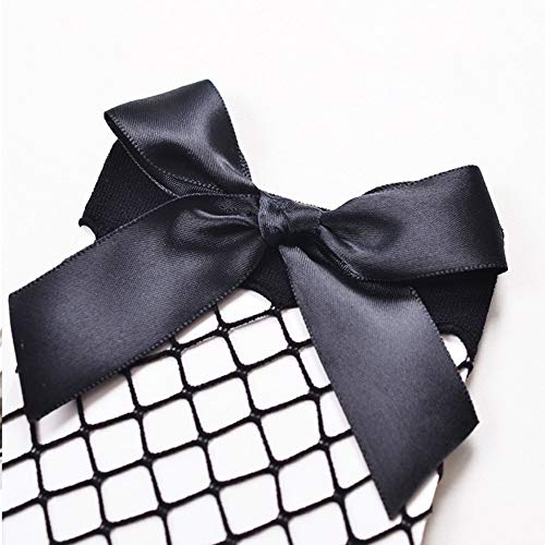 2Pcs Women Fishnet Socks, Mesh Lace Short Ankle Socks with Bowknot Decor White+Black2