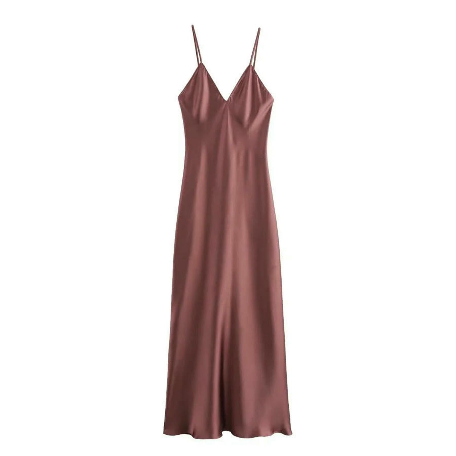 Abito Donna Invernale Primavera Elegante Moda Seta Raso Texture Sexy Retroless Party Slip Dress-Nero-s