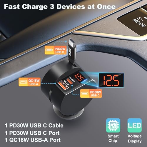OKRAY 78W 3-Port Car Charger with Retractable USB-C PD30W Fast Charge Cord - image 4