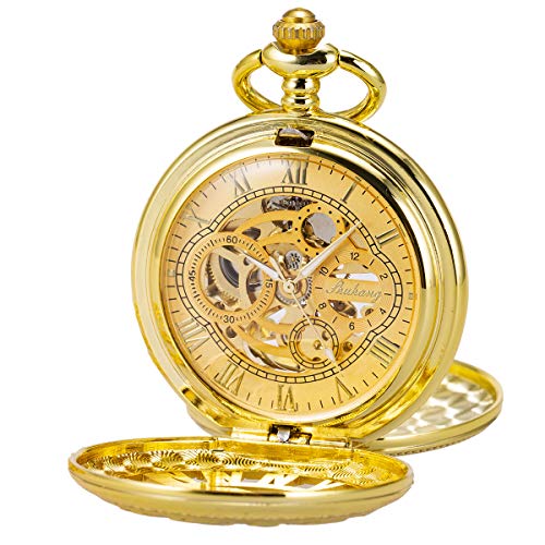 SIBOSUN Pocket Watch Skeleton Mechanical Double Case Hand-Wind Roman Numerals Antique Chain Mens
