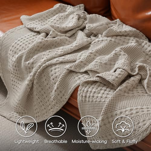 Image of PHF 100% Cotton Waffle Throw Blanket for Couch, Lightweight Breathable and Soft for Summer, Luxury Aesthetic Waffle Weave Blanket for Home Decor & Office, Gifts for Women, 50 inchx60 inch, Pearl Gray