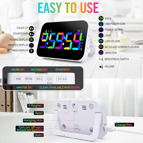 TXL Kitchen Timer for Cooking, Rechargeable Digital Magnetic Timer with Large LED Display, Loud Alarm, Sound Countdown, 4 Volume Levels and 3 Brightness for Classroom, Study (RGB) - Image 5