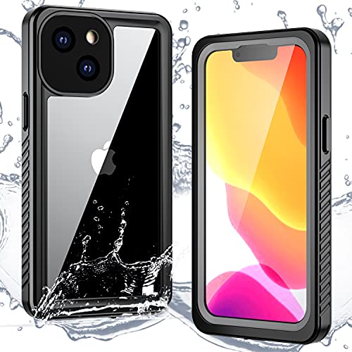 DINGXIN for iPhone 13 Mini Case IP68 Waterproof Certified with Built-in Screen Protector Full Body Shockproof Dirtproof Snowproof Rugged Clear Case for iPhone 13 Mini 5.4" 2021 (Black+Clear)