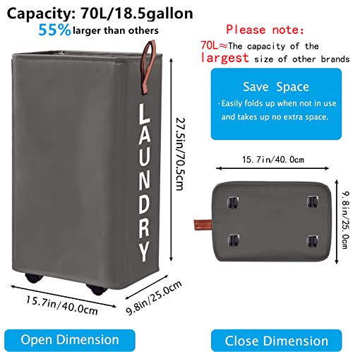 Homlikelan 70L Large Slim Laundry Hamper On Wheels,10" Wide Tall Collapsible Narrow Rolling Laundry Basket,Large Clothes Hamper Gray #TOP2