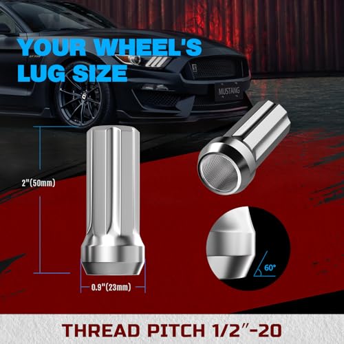 Image of 1 /2 x20 Lug Nuts Chrome with Spline Tuner, Locking Aftermarket Wheel Nut XL 2 inch Length with 1 Socket Key, 60 Degree Conical /Cone Bulge Seat Closed End. 20PACK