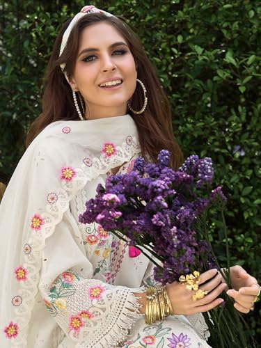 Image of INDO ERA Women's Straight Pure Cotton Floral Embroidered Kurta & Pant with Dupatta Set (IEOUT11423)
