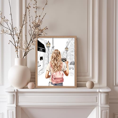 Image of Poster Master Fashion Poster - Lady With A Camera Print - Trendy Art - Paris Art - Modern Art - Gift for Women & Fashionista - Glamour Wall Decor for Bedroom or Girl's Room, 11x14 Beige Framed