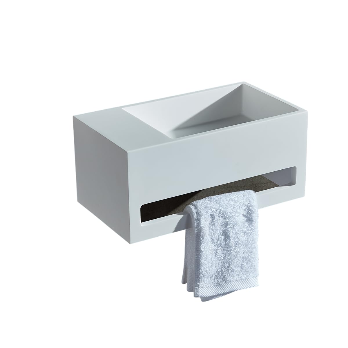BERNSTEIN - Vasque Lavabo Rectangulaire suspendu Blanc mat 60x40x20cm Lave main mural fonte minérale + Porte-serviette & Bonde cache Blanc - Etagère à gauche - Design, Robuste & Durable - TWG02