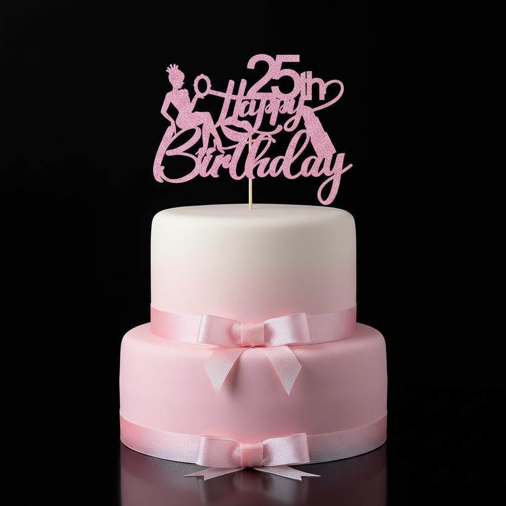 FmiyunEea Pink Glitter Happy 25th Birthday Cake Topper-Crown Queen Cosmetic theme Lady for 25 Birthday/Anniversary Party Cake Decorations Supplies (