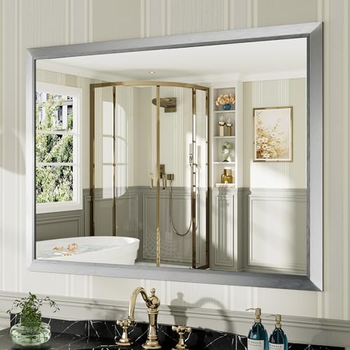 Image of 48x36 Inch Brushed Silver Bathroom Mirror for Wall, Thick Metal Framed Rectangle Mirrors for Over Sink, Bedroom, Living Room, Entryway, Anti-Rust, HD Tempered Glass
