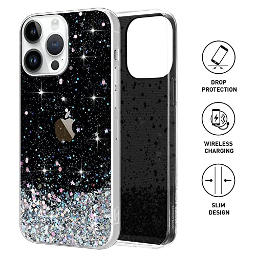 LCHULLE for iPhone 15 Pro Max Case Girls Women Glitter Bling Clear Cover Cute Crystal Slim Fit Bumper Silicone Case for iPhone 15 Pro Max 6.7inch 2023,Black - Image 2