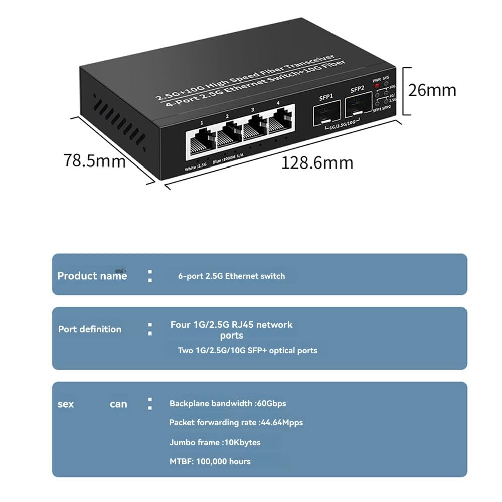 Malloy Przełącznik Ethernet 2.5G 4 porty 2500 Mbps 2-portowy przełącznik sieciowy 10G + gniazdo hub domowego laboratorium Splittler Internet Plug and Play