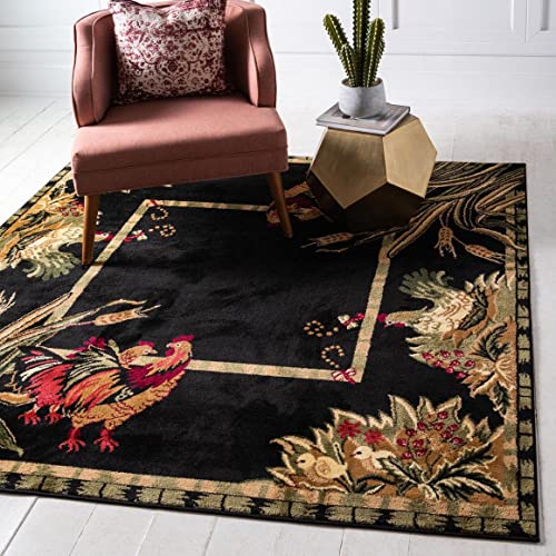 Image of Unique Loom Barnyard Collection Area Rug - Farm (6' 1 inch Square, Black / Cream)