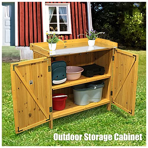 2-lagiger Kleiner Gartenschrank für den Außenbereich, Werkzeugschuppen für den Hinterhof, mit wasserdichtem Metalldach, Gartenhaus aus Holz, für Terrassenmöbel, Rasenmäher (Größe: A) – Bild 3