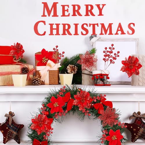 Sggvecsy-30-Pcs-3-Styles-Christmas-Glitter-Poinsettia-Flowers-Artificial-Berry-Picks-Christmas-Tree-Ornaments-Artificial-Christmas-Flowers-with-Clips-for-Xmas-Wedding-Wreath-Floral-DecorationsRed Sggvecsy 30 Pcs 3 Styles Christmas Glitter Poinsettia Flowers Artificial Berry Picks Christmas Tree Ornaments Artificial Christmas Flowers with Clips for Xmas Wedding Wreath Floral DecorationsRed