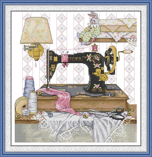 Image of CaptainCrafts Cross Stitch Kits for Adults Counted Cross Stitch Unprinted Fabrics Needlework Craft Home Decor (Counted 14CT, Sewing Machine with Yellow Wall lamp)