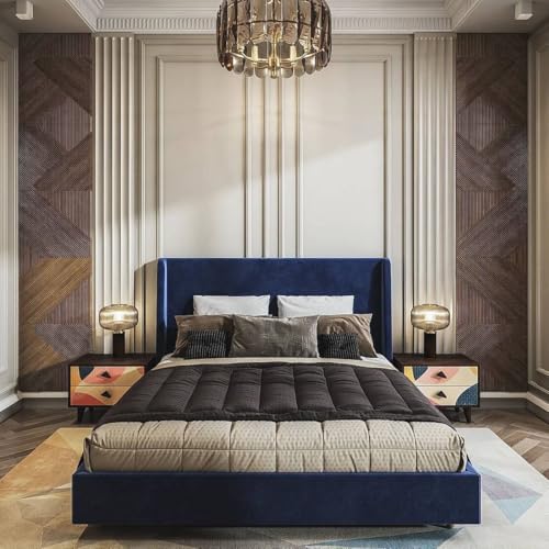Image of Wooden Modern Upholstered Queen Size Bed for Bedroom | Wooden Double Bed Without Storage | Platform Cot Upholstered Bed with Upholstery Fabric | Engineered Wood | 6.5 x 5 Ft | Blue