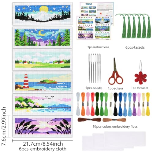 Image of ACRNIGHEET 6PCS Cross Stitch Bookmark Kit for Beginner Stamped Cross Stitch Kits for Adults Horizontal DIY Tassel Embroidery Bookmark Kits Needlepoint Kit with Instructions Craft Gift 8.5''x3'' 11CT
