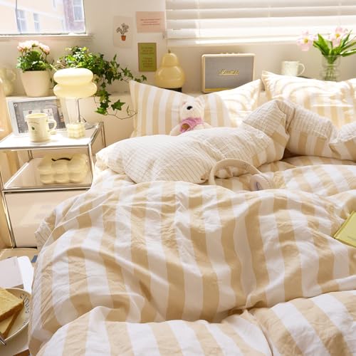 Image of EAVD Beige Striped Duvet Cover Queen Soft Washed Microfiber Striped Reversible Bedding Set with 2 Pillowcases Modern Farmhouse Geometric Pattern Duvet Cover with Zipper Closure