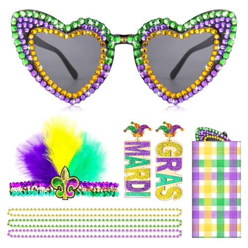 Lingdeer 7PCS Mardi Gras Accessories Set for Women Heart-Shaped Sunglasses Feather Glitter Headband MARDI GRAS Earrings & Bead Necklaces Mardi Gras Outfit Gifts Decorations Carnival Party Favors