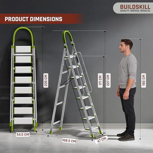 Image of BUILDSKILL Aluminium Ladder for Home 8 Steps | 37x16cm Wide Anti-Slip Aluminium Steps | Stainless Steel Body | Handrails | Load 150 Kg | Foldable Lightweight 9.85KG Ladder for Kitchen, Office & Home